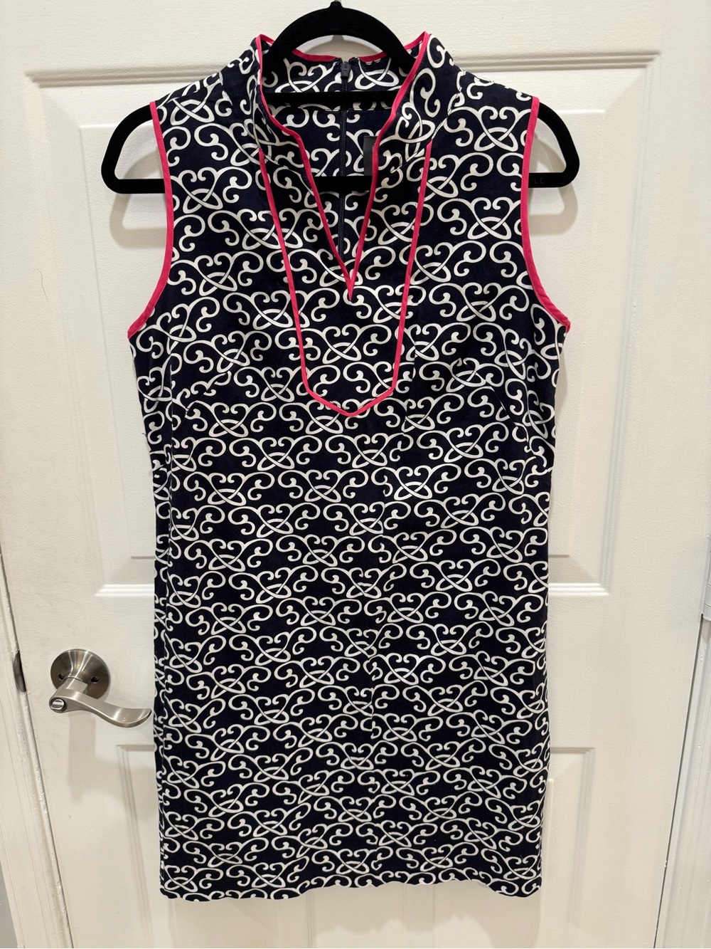 Vince Camuto Navy & White Scroll Print Shift Dress with Pink Trim